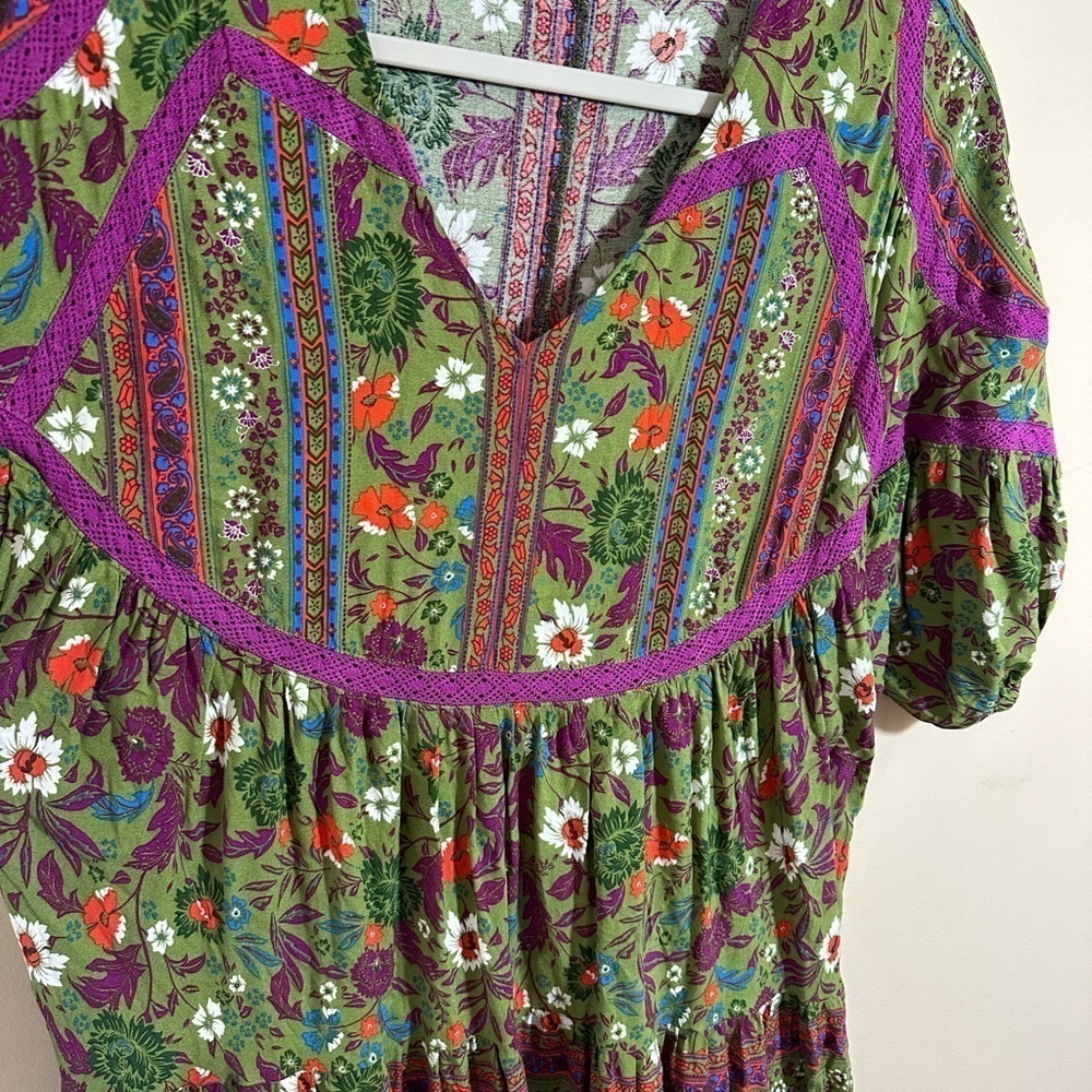Entro Green Floral Midi Dress Lace Trim Ruffle Boho size Small - Picture 5 of 7